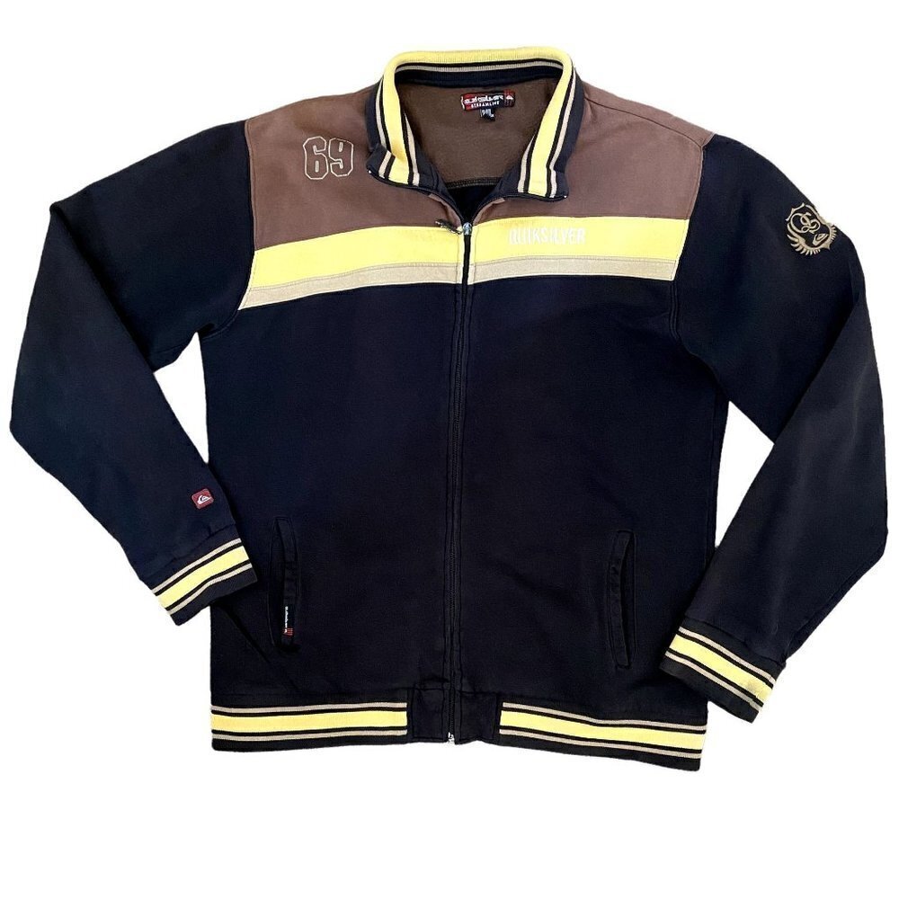 Quick Silver Streamline Zip Up Varsity Jacket | Black, Yellow & Brown | Size XL